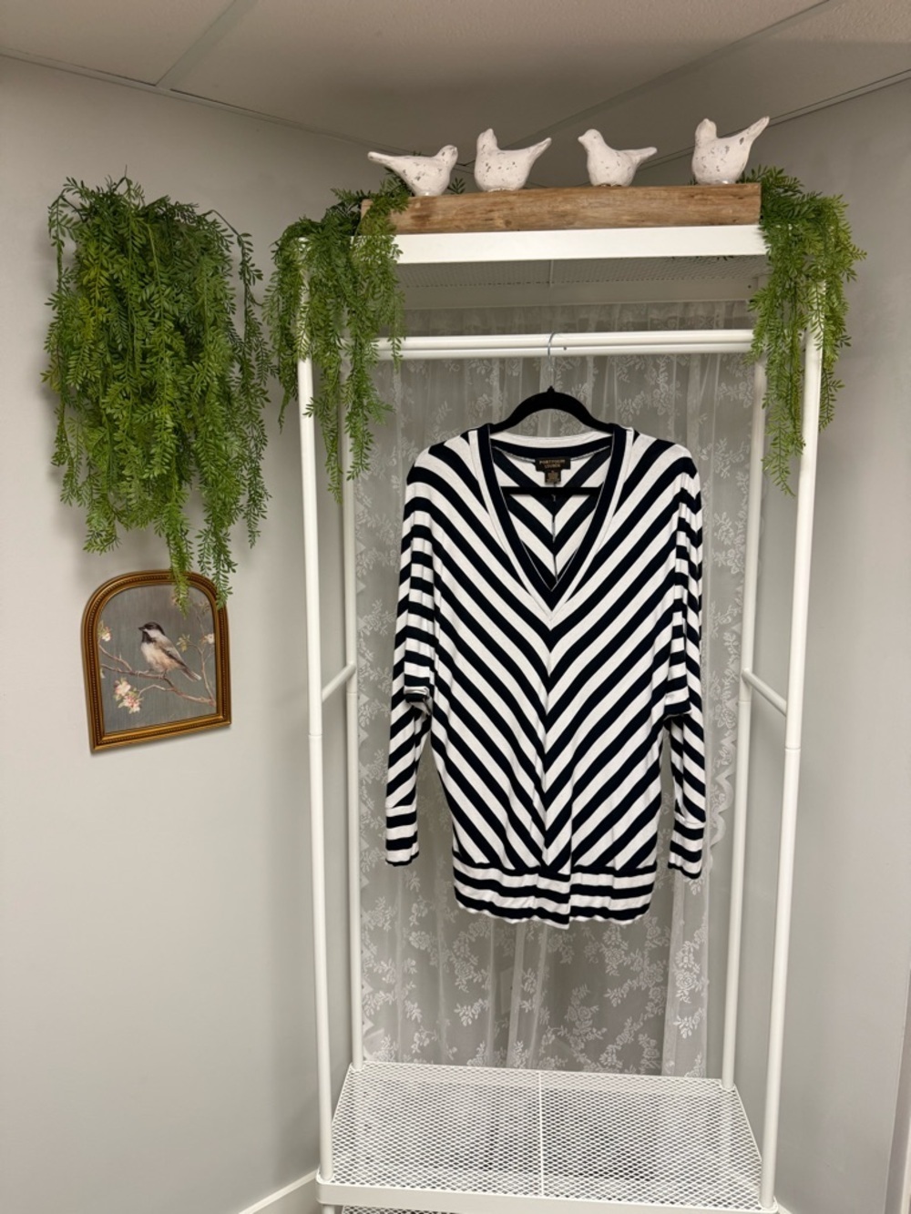 Black White Chevron Striped V-Neck Batwing Dolman Long Sleeve Tunic Top Size XL